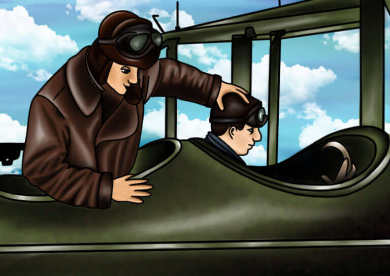 Illustration of a seaplane observer directing the pilot with a hand on his head